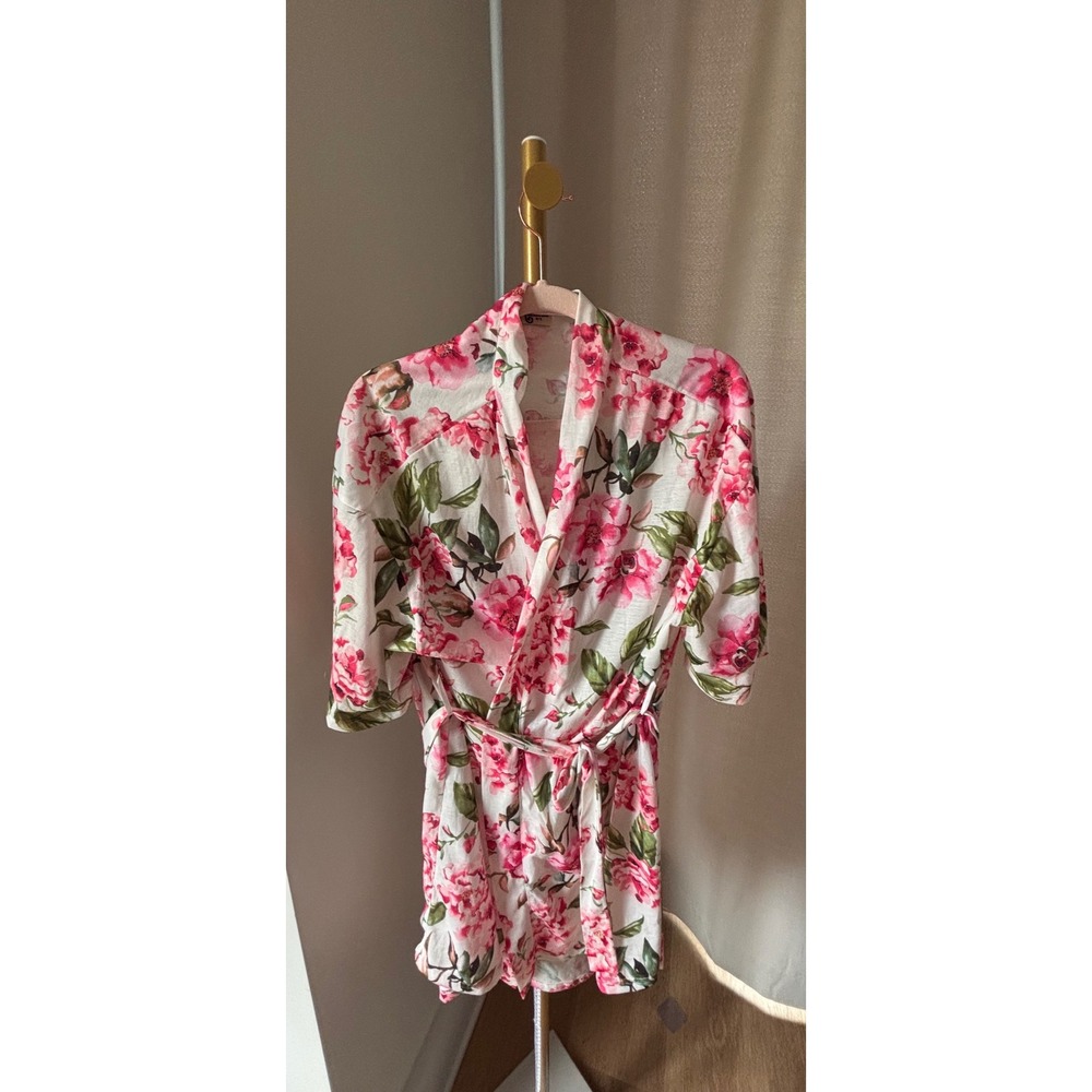 Show Me Your Mumu Floral Robe Pink White Short Kimono Wrap One Size OS